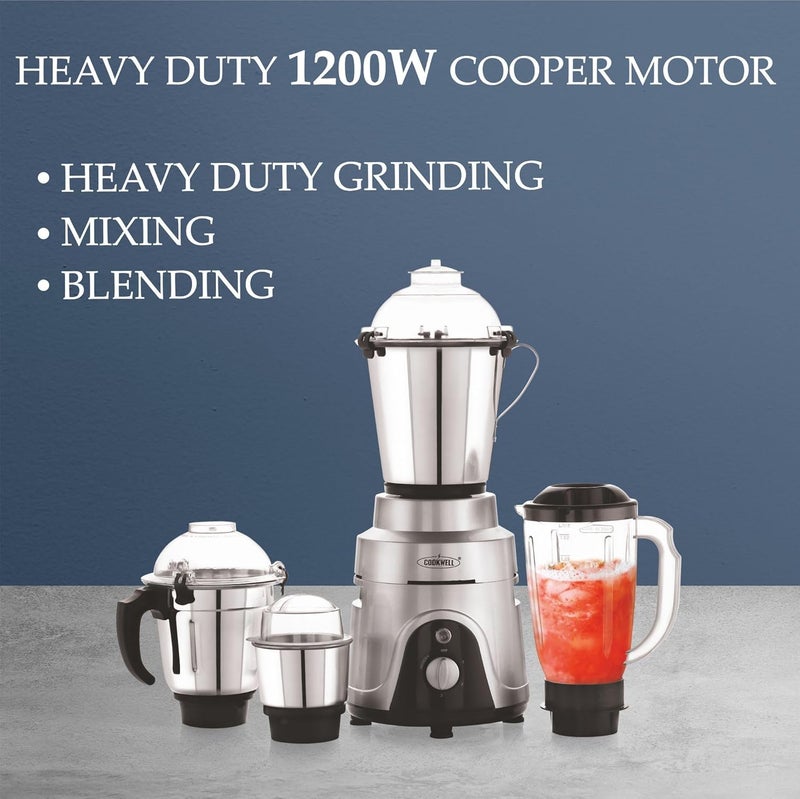 Cookwell Commercial Mixer Grinder 1200W For Cafes Restaurants Heavy Homes Hotels Canteens 4 Jar Silver - Image 3