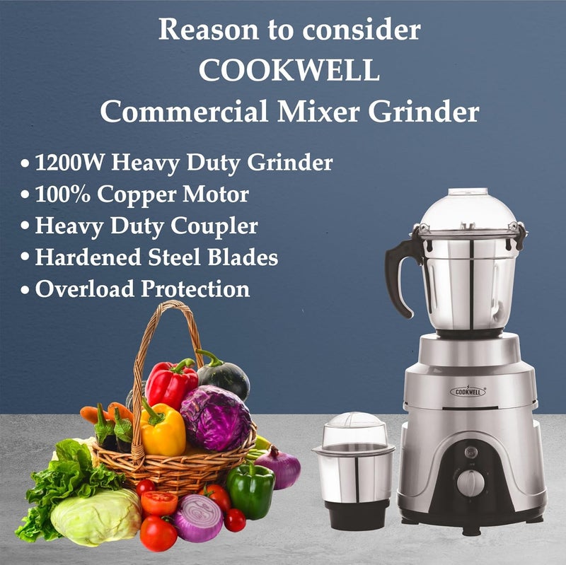 Cookwell Commercial Mixer Grinder 1200W For Cafes Restaurants Heavy Homes Hotels Canteens 4 Jar Silver - Image 5
