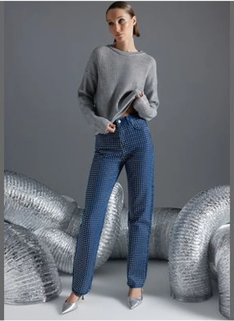 trendyol Blue Trocked High Waist Long Straight Jeans TWOAW24JE00170