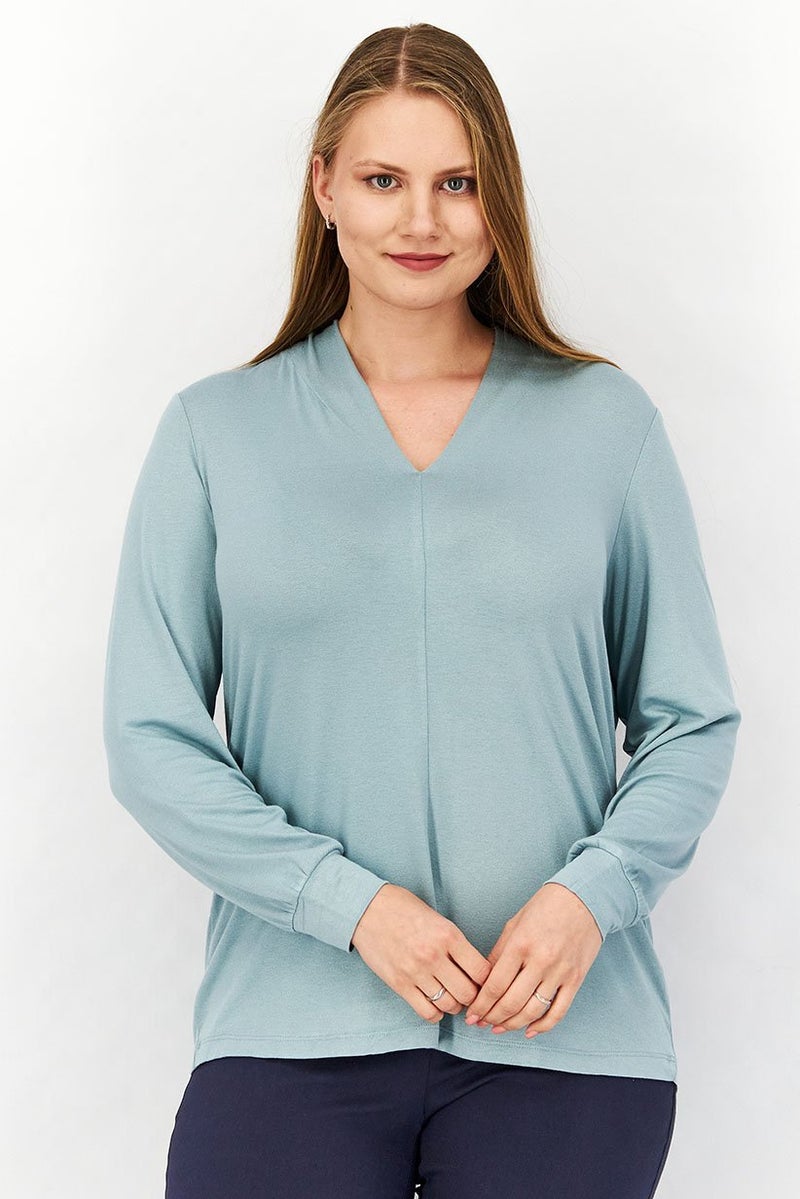 Tchibo Women V Neck Long Sleeve Solid Top, Dusty Blue - Image 1