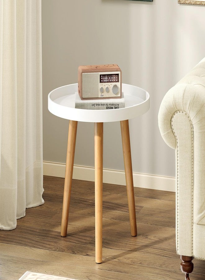 Giantex Round Side Table, End Table with Wooden Tray, Sturdy Tripod Stand & Premium Metal Connectors, Round Sofa Side Table for Living Room, Office, Bedroom Nightstand, White (1) - Image 1