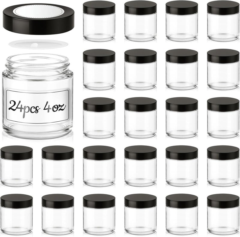 Tecohouse 4 oz Glass Jars with Lids, 24 Pack Clear Small Glass Jars with Black Lids Leakproof Round Airtight Empty Cosmetic Travel Containers with Inner Liners For Lotions Powders and Candle Making - Image 1