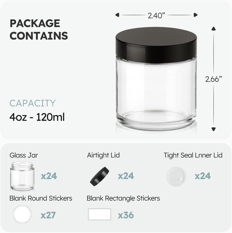 Tecohouse 4 oz Glass Jars with Lids, 24 Pack Clear Small Glass Jars with Black Lids Leakproof Round Airtight Empty Cosmetic Travel Containers with Inner Liners For Lotions Powders and Candle Making - Image 3