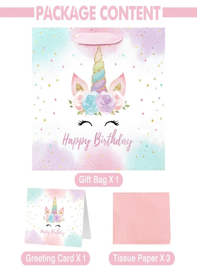Laidans 13" Large Unicorn Birthday Gift Bag with Card and Tissue Paper for Baby Girls and Kids Birthday (13in Pink) - Image 3