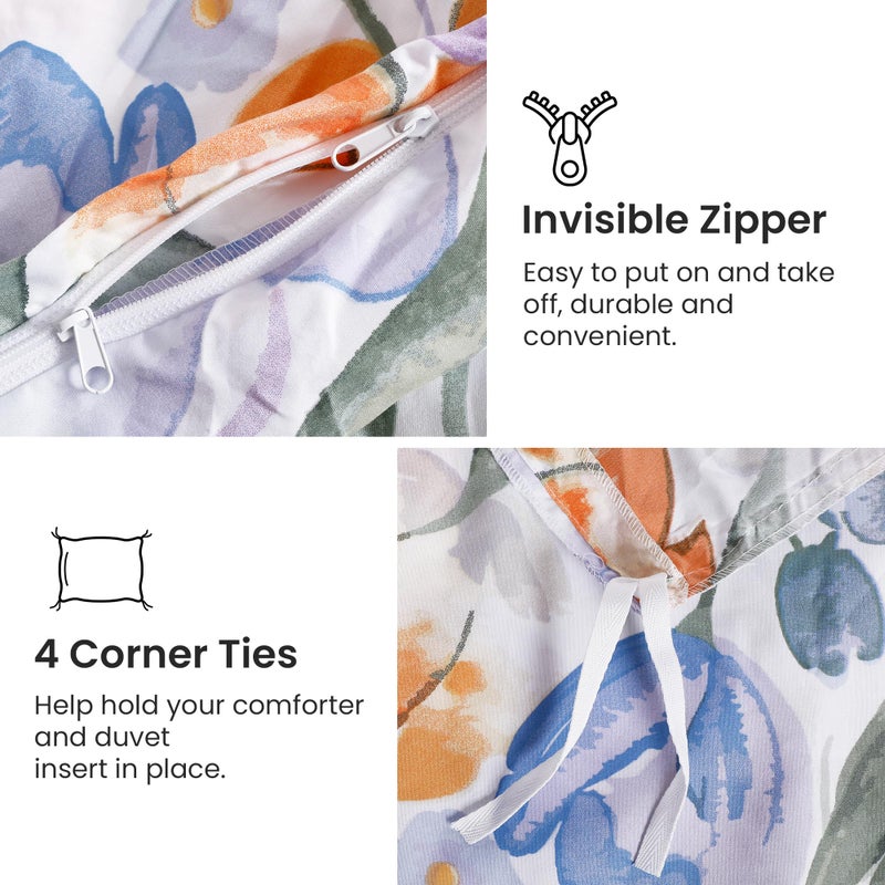 Mooreeke Duvet Cover Queen Size, 3 Piece Purple Orange Floral Duvet Cover Set with Zipper Closure, Soft & Breathable Botanical Patterns Microfiber Bedding Set with 4 Corner Ties and 2 Pillow Shams - Image 3