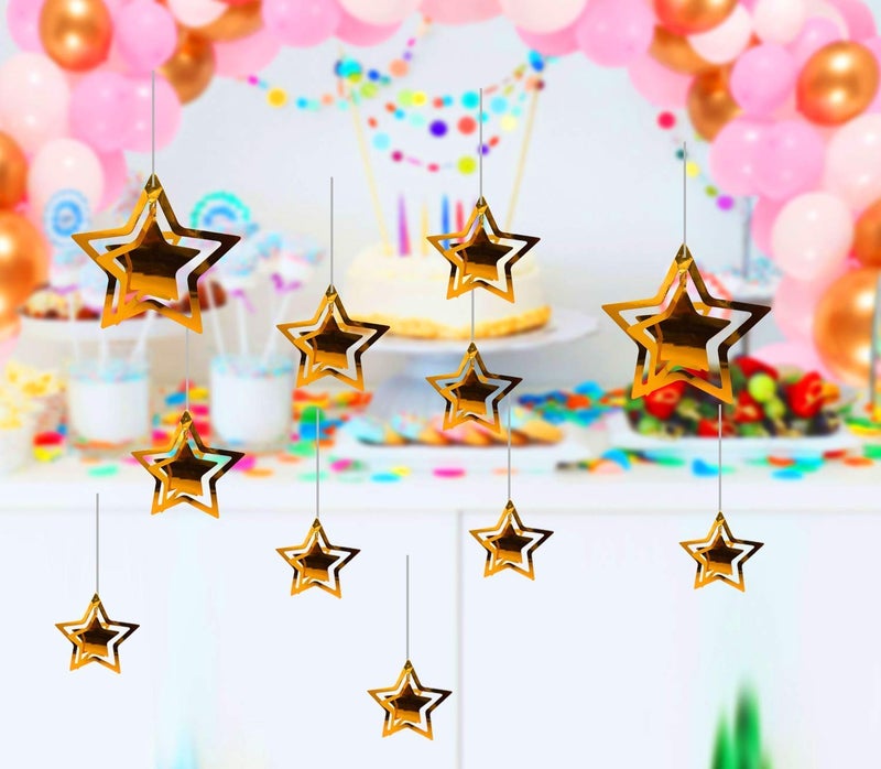Shoro Pack of 10 Golden Metallic 3D Star Party Decoration Kit Star Party Supplies Hanging Decor for Party, Happy Birthday, Anniversary, - Image 3