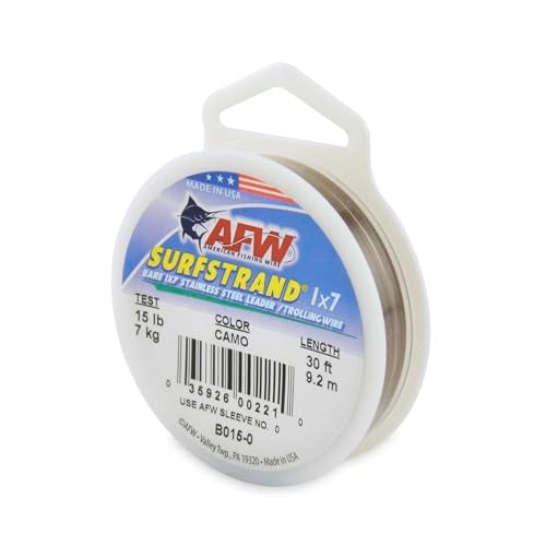 AFW American Fishing Wire Surfstrand, Bare 1x7 Stainless Steel Leader Wire, 15 lb Test, 0.010" Diameter, Camo, 30 ft - Image 1
