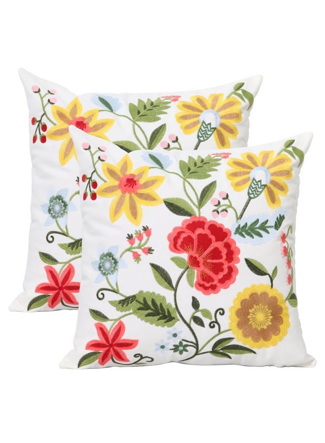Pilmandu Pack of 2 Embroidered Decorative Throw Pillow Cover 18x18 Inch Farmhouse Floral Pillowcase for Living Room Sofa Bed (Boho Flower) - Image 1