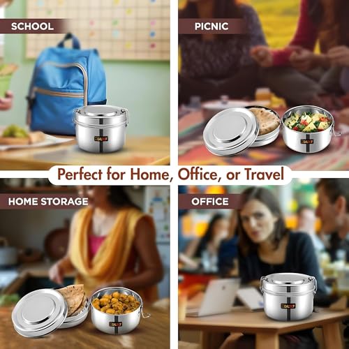 GALOOF Stainless Steel Lunch Box 450 ML | Leak Proof Airtight Tiffin with Clip Lock Lid & Inner Partition | Mirror Finish Food Storage Box for Office, School & Travel (1, 450 ml) - Image 3