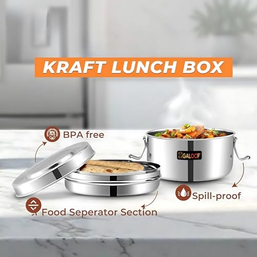 GALOOF Stainless Steel Lunch Box 450 ML | Leak Proof Airtight Tiffin with Clip Lock Lid & Inner Partition | Mirror Finish Food Storage Box for Office, School & Travel (1, 450 ml) - Image 4