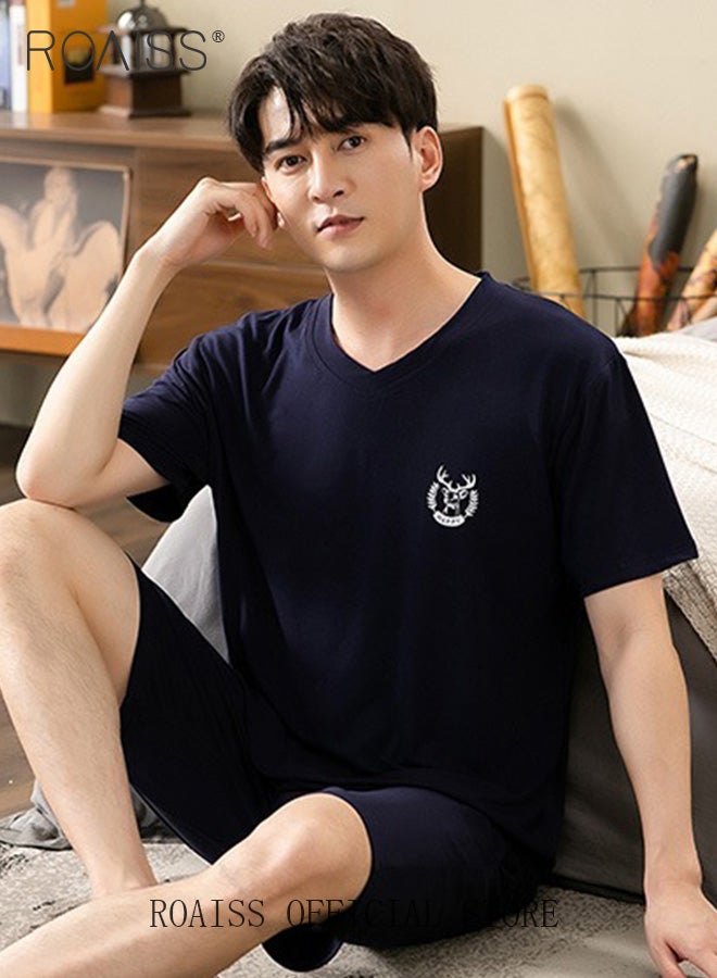 رويس طقم بيجامة رجالي من قطعتين بأكمام قصيرة وشورت، بيجامات مودال فضفاضة ومريحة، ملابس منزلية من القماش اللطيف على البشرة، طقم ملابس مريحة بتصميم ناعم ومتعدد الاستخدامات، لون أسود - Image 3