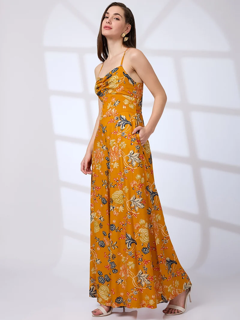 globus Women Sweetheart Neck Strappy Shoulder Floral Print Flared Hem Fusion Jumpsuit