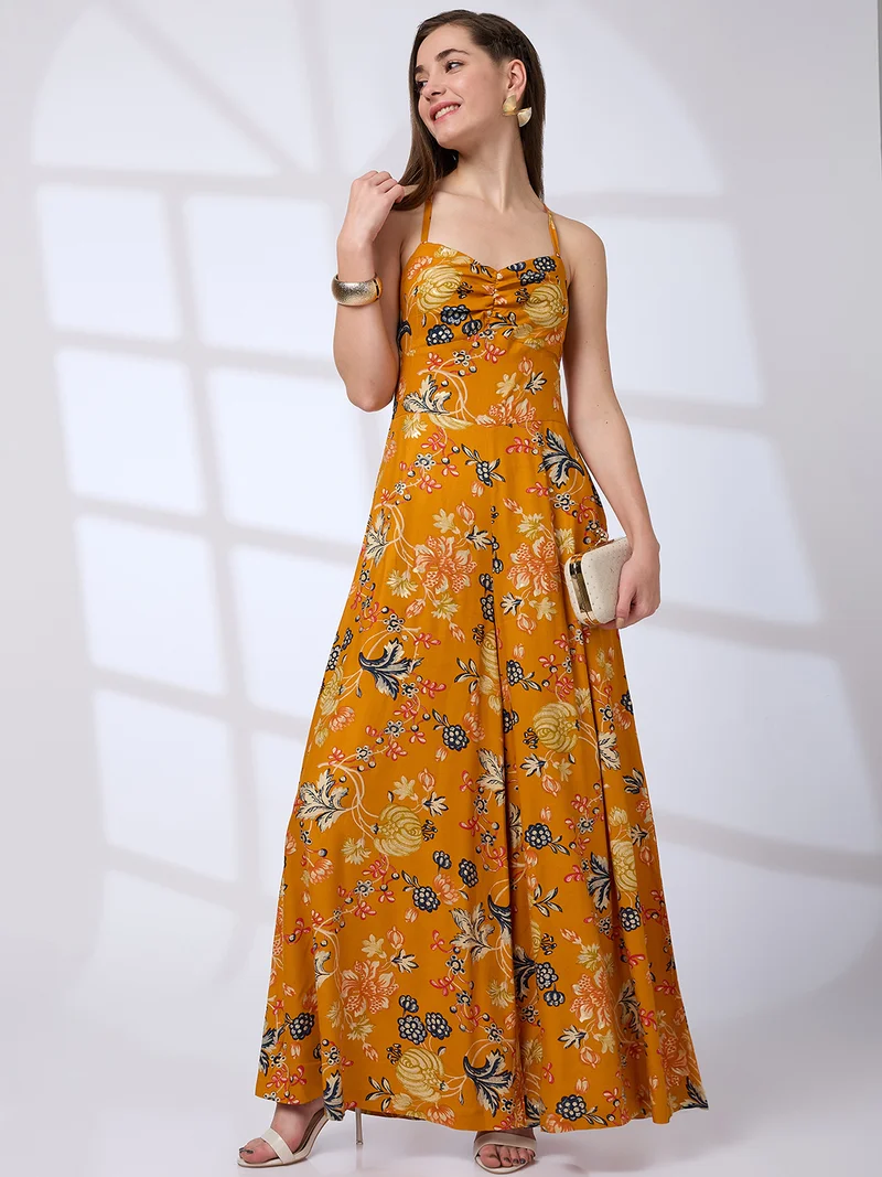 globus Women Sweetheart Neck Strappy Shoulder Floral Print Flared Hem Fusion Jumpsuit