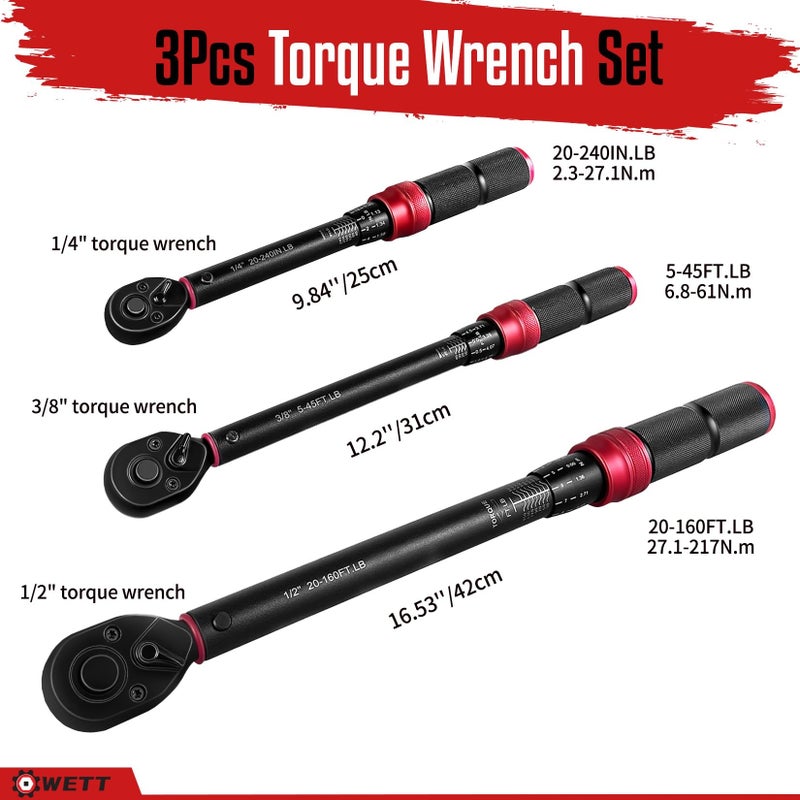 WETT 3Pcs Torque Wrench Set, 1/4'' & 3/8'' & 1/2'' Drive Click Torque Wrench, Dual-Direction Adjustable Reversible 72-Tooth Ratchet Handle, 20-240IN.LB, 5-45FT.LB, 20-160FT.LB - Image 2