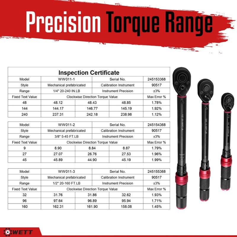 WETT 3Pcs Torque Wrench Set, 1/4'' & 3/8'' & 1/2'' Drive Click Torque Wrench, Dual-Direction Adjustable Reversible 72-Tooth Ratchet Handle, 20-240IN.LB, 5-45FT.LB, 20-160FT.LB - Image 4