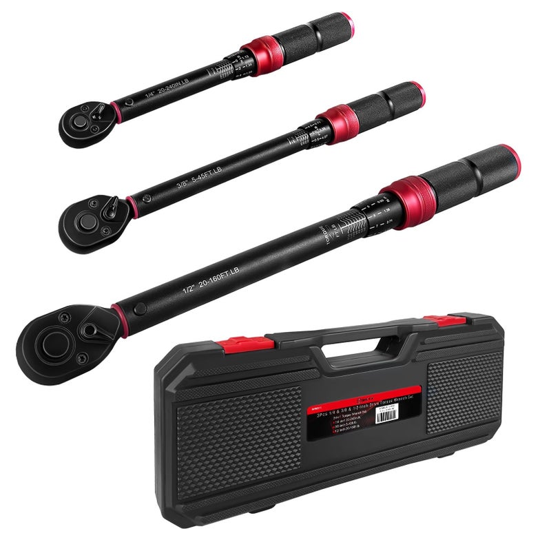 WETT 3Pcs Torque Wrench Set, 1/4'' & 3/8'' & 1/2'' Drive Click Torque Wrench, Dual-Direction Adjustable Reversible 72-Tooth Ratchet Handle, 20-240IN.LB, 5-45FT.LB, 20-160FT.LB - Image 1