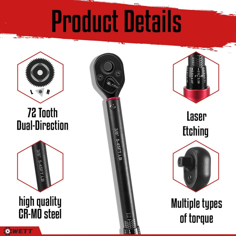 WETT 3Pcs Torque Wrench Set, 1/4'' & 3/8'' & 1/2'' Drive Click Torque Wrench, Dual-Direction Adjustable Reversible 72-Tooth Ratchet Handle, 20-240IN.LB, 5-45FT.LB, 20-160FT.LB - Image 3
