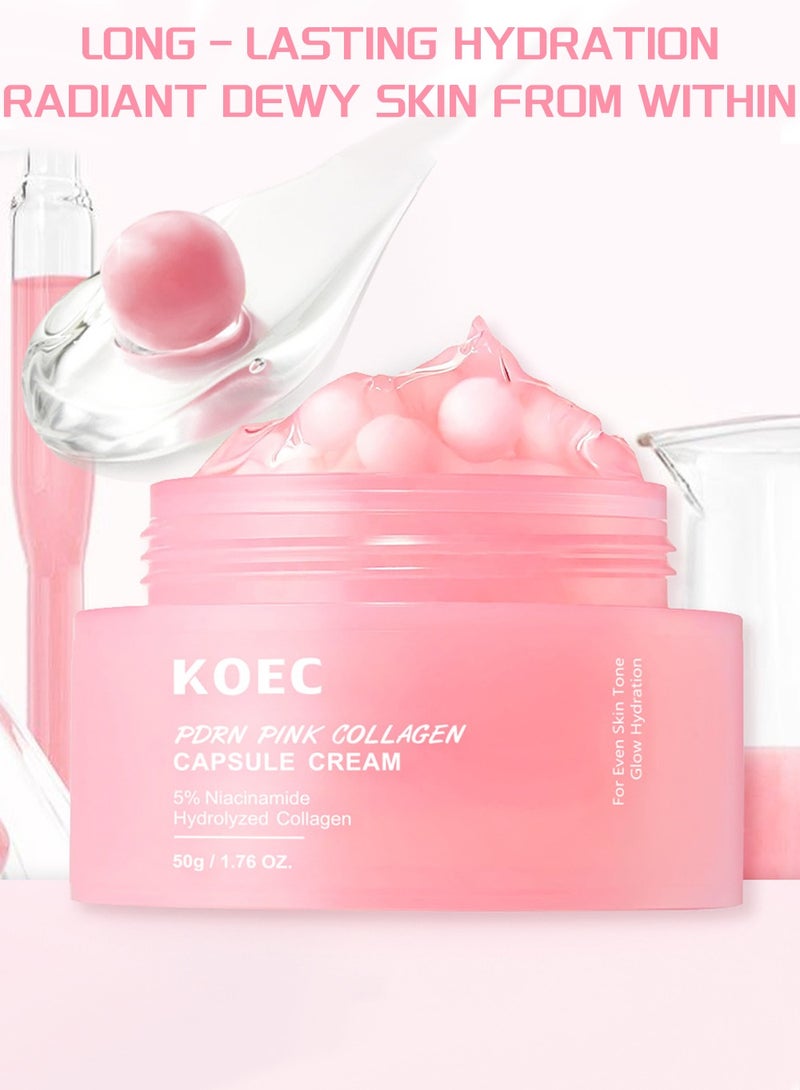 Pink Collagen Capsule Cream, Face Moisturizer - Lightweight Moisturizing Cream, Niacinamide for Uneven Skin Tone, Glow hydration,50g