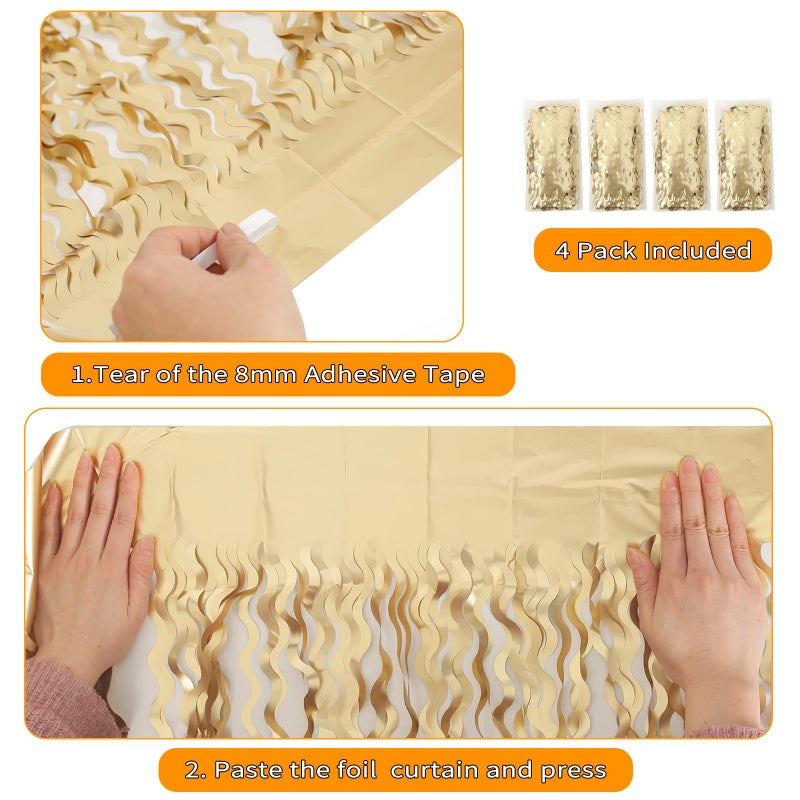 KEEUH 4 Pack Wavy Champagne Gold Metallic Tinsel Foil Fringe Curtains Backdrop - 3.3X6.6ft Foil Fringe Backdrop for Parties | Door Streamers for Birthday | Photo Booth Backdrops Party Decor - Image 4