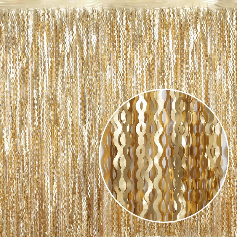 KEEUH 4 Pack Wavy Champagne Gold Metallic Tinsel Foil Fringe Curtains Backdrop - 3.3X6.6ft Foil Fringe Backdrop for Parties | Door Streamers for Birthday | Photo Booth Backdrops Party Decor - Image 1