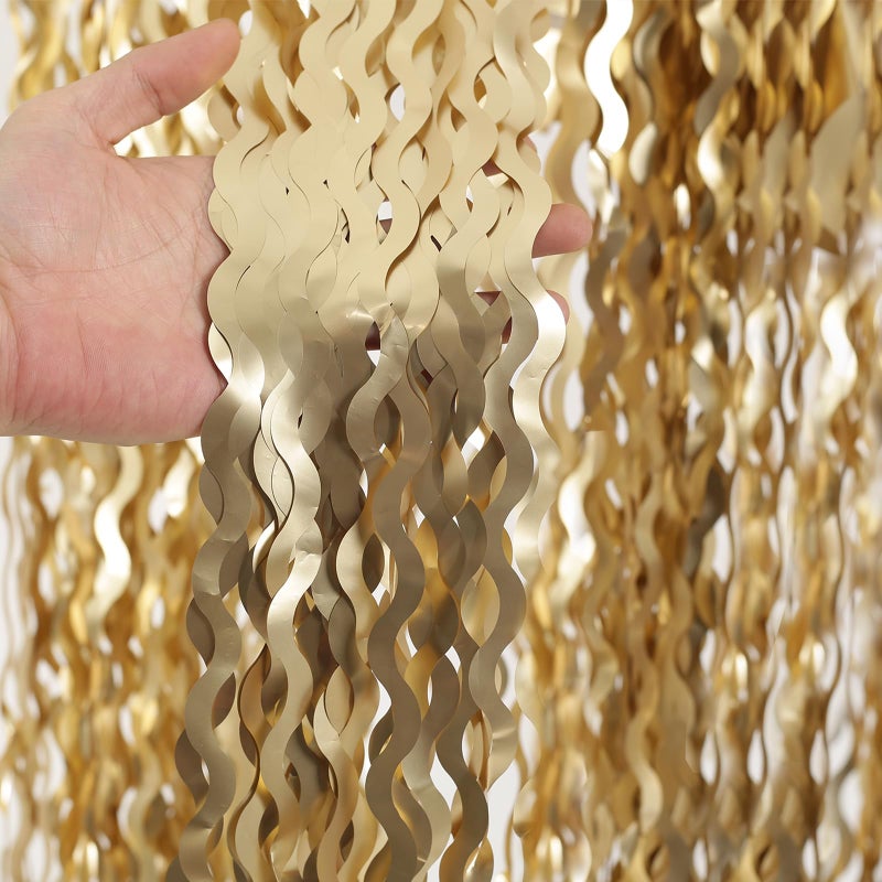 KEEUH 4 Pack Wavy Champagne Gold Metallic Tinsel Foil Fringe Curtains Backdrop - 3.3X6.6ft Foil Fringe Backdrop for Parties | Door Streamers for Birthday | Photo Booth Backdrops Party Decor - Image 2