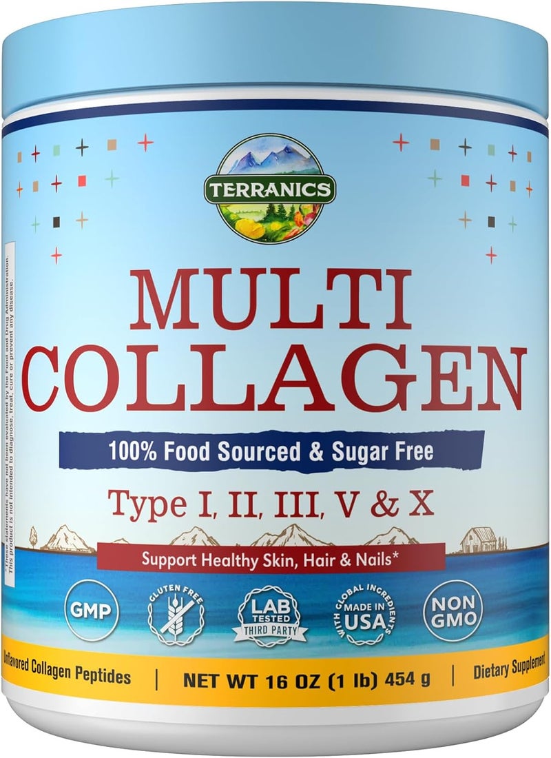 Terranics Multi Collagen Peptides Powder Type I II III V X Hydrolyzed Collagen for WomenMen Collagen Supplements for Skin Nail Hair Fast Dissolve Unflavored Colageno No Sugar Keto 16oz - Image 1