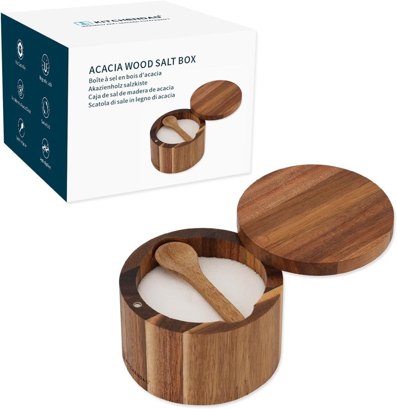KITCHENDAO Acacia Wood Salt Cellar Bowl Box with Built-in Spoon to avoid Dust, Elegant Kitchen Salt Container Holder with Swivel Magnetic Lid to Storage Pepper Spice Bath Salt Sea Salt, 6OZ - Image 1