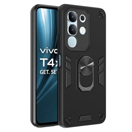 Casotec Armor Vivo T4x 5G Defender Case | Rotating Ring Holder & Kickstand in-Built | Military Grade Armor | 360 Degree Protection Back Cover for Vivo T4x 5G / Y29 4G/Y31 Pro 5G / iQOO Z10x 5G (Black) - Image 1
