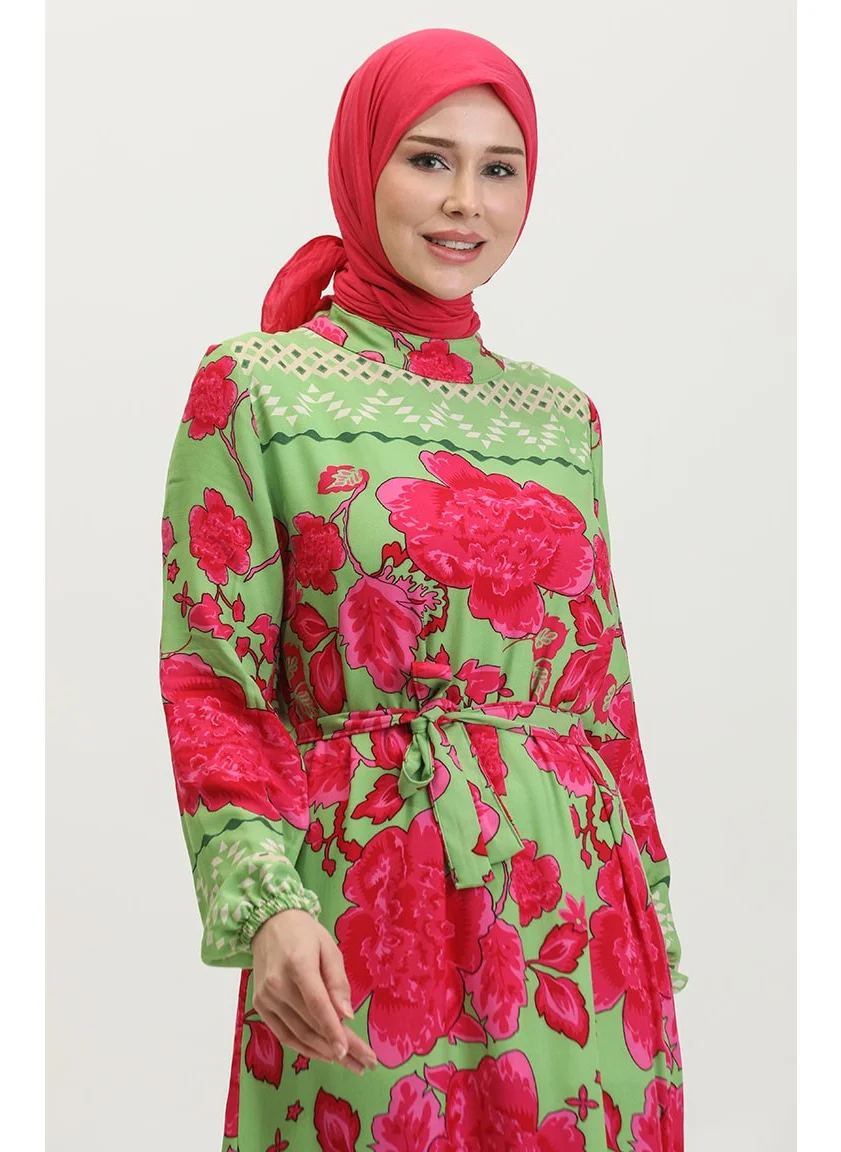 Sefa Merve Viscose Large Flower Patterned Belted Dress 0386-04 Çağla Green