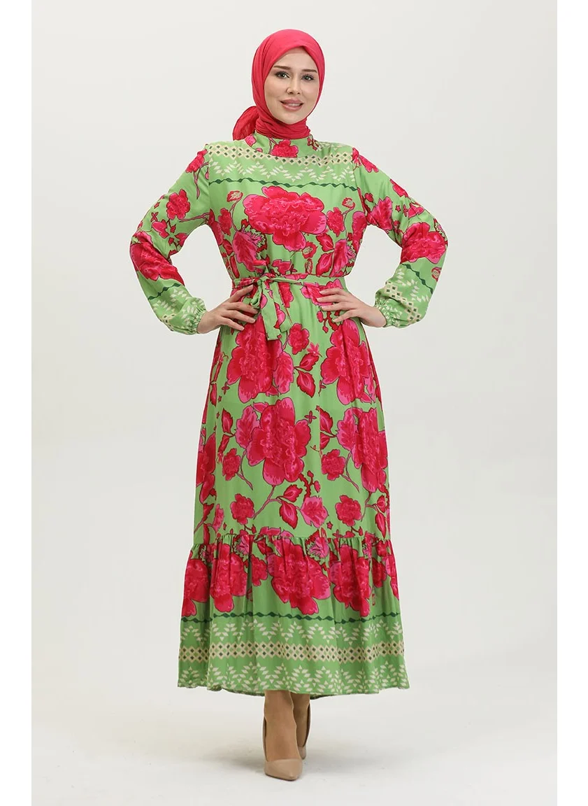 Sefa Merve Viscose Large Flower Patterned Belted Dress 0386-04 Çağla Green