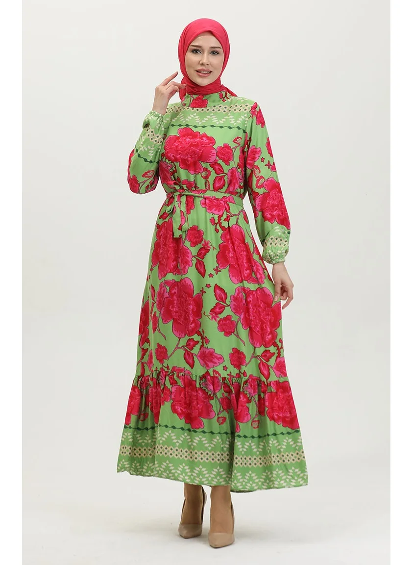 Sefa Merve Viscose Large Flower Patterned Belted Dress 0386-04 Çağla Green