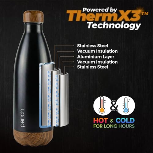 Perch Retro Hot and Cold Stainless Steel Water Bottle 980ml | Triple-Layer Vacuum Insulated Bottle| ISI Certified, Leakproof & BPA-Free | Ideal Gift for Men, Women & Parents | Wooden Black - Image 2
