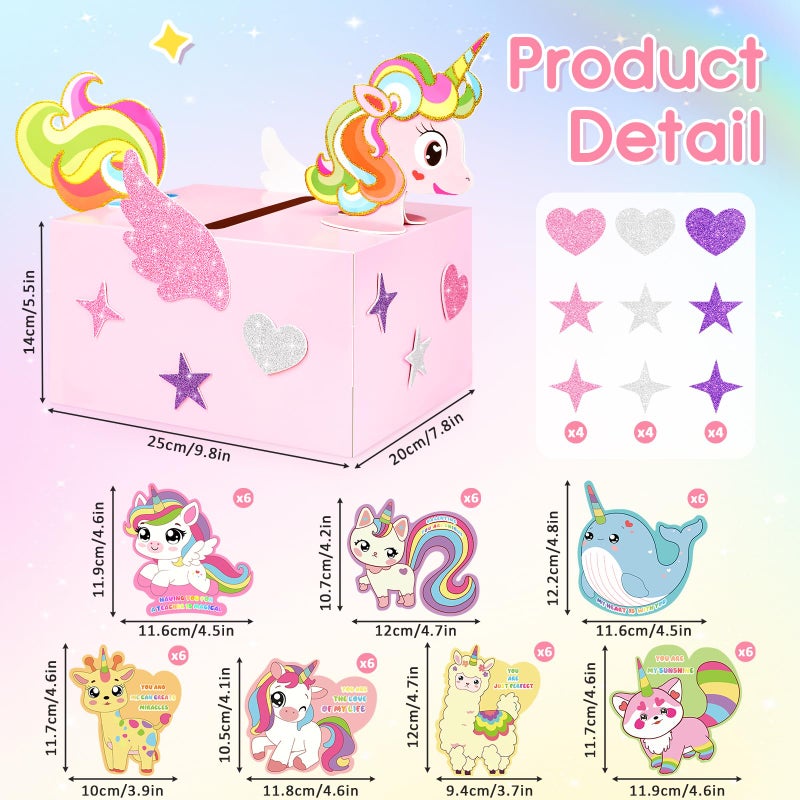 LANLISA Valentines Day Box for Kids Classroom School Exchange, Valentine Gift Card Box for School Class Classroom Party Favors - 1 Mailbox, 36 Unicorn Cards, 6 Teacher Card - Image 2
