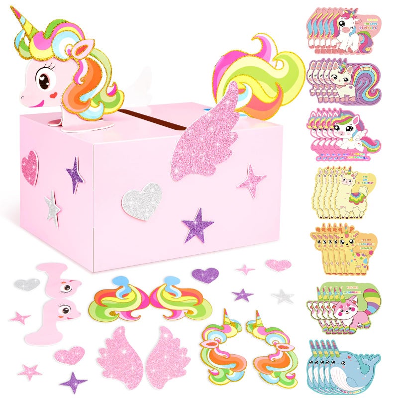 LANLISA Valentines Day Box for Kids Classroom School Exchange, Valentine Gift Card Box for School Class Classroom Party Favors - 1 Mailbox, 36 Unicorn Cards, 6 Teacher Card - Image 1