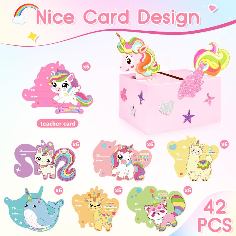 LANLISA Valentines Day Box for Kids Classroom School Exchange, Valentine Gift Card Box for School Class Classroom Party Favors - 1 Mailbox, 36 Unicorn Cards, 6 Teacher Card - Image 3