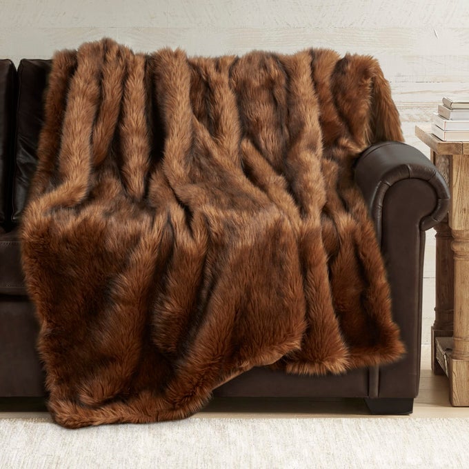 FAUX FUR THROW BLANKET ULTRA LONG PILE LUXURY FLUFFY FOX GOLDEN WITH BROWN TIPPED THROWS FOR COUCH SOFA DECORATION FUZZY PLUSH BLANKETS FOR WOMEN 50X60