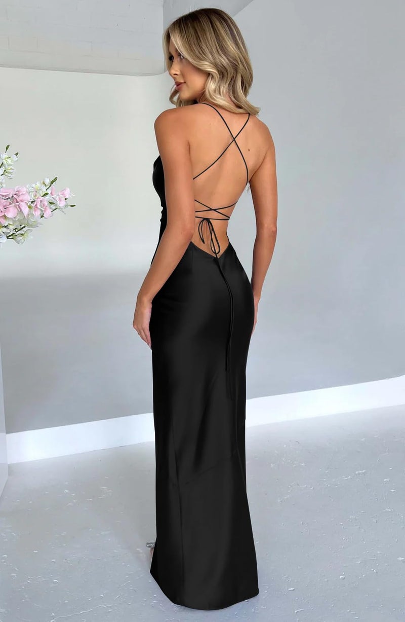 Memoriesea Women's Sexy Spaghetti Strap Bodycon Cowl Neck Party Cocktail Maxi Dress Black - Image 4