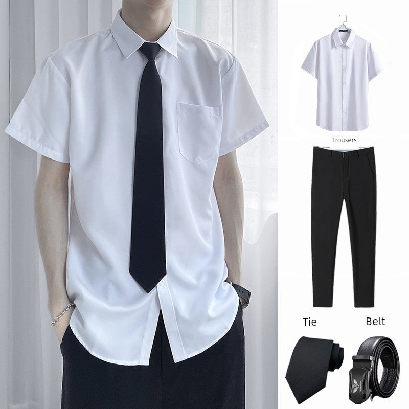 White long-sleeved shirt, loose solid color, male student, DK uniform, short-sleeved tie, graduation shirt suit, trousers - Image 1