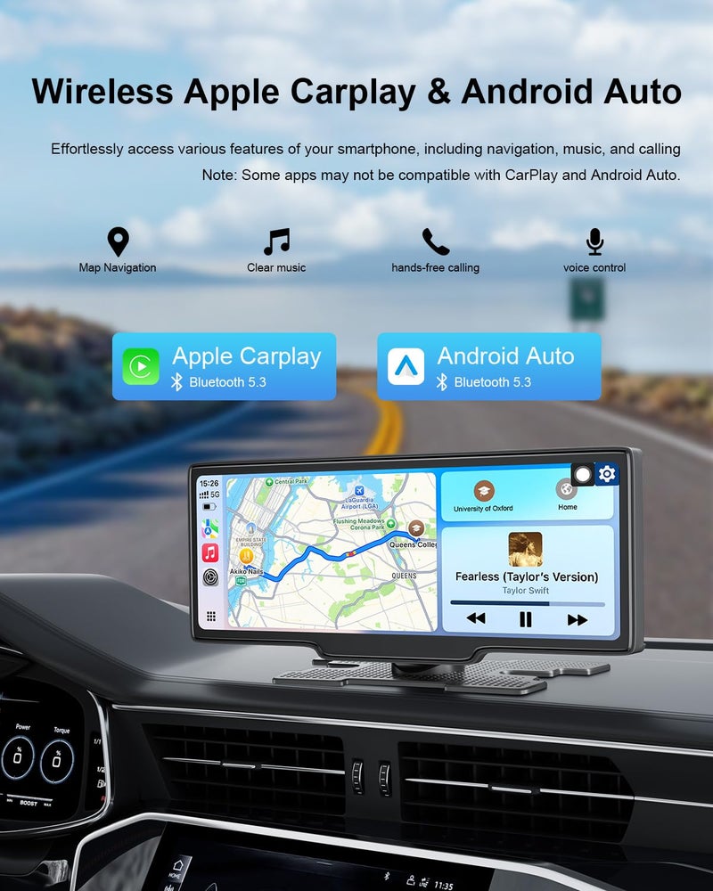 25HOURS HK5 Carplay Screen for Car, 10.26â€™â€™ HD Wireless Apple Carplay & Android Auto Touchscreen with Backup Camera, Car Play Screen iOS 26 Compatible, GPS Navigation/Mirror Link/Siri/FM (No Front Camera) - Image 2