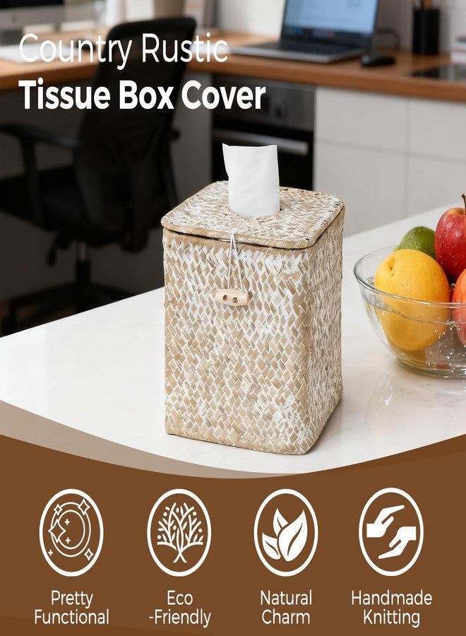 S310 Tissue Box Cover Square, Woven Seagrass Tissue Box Holder with Lid, Wicker Tissue Box Decorative Facial Cube Tissue Cover for Bathroom Office Table, Whitewash - Image 4