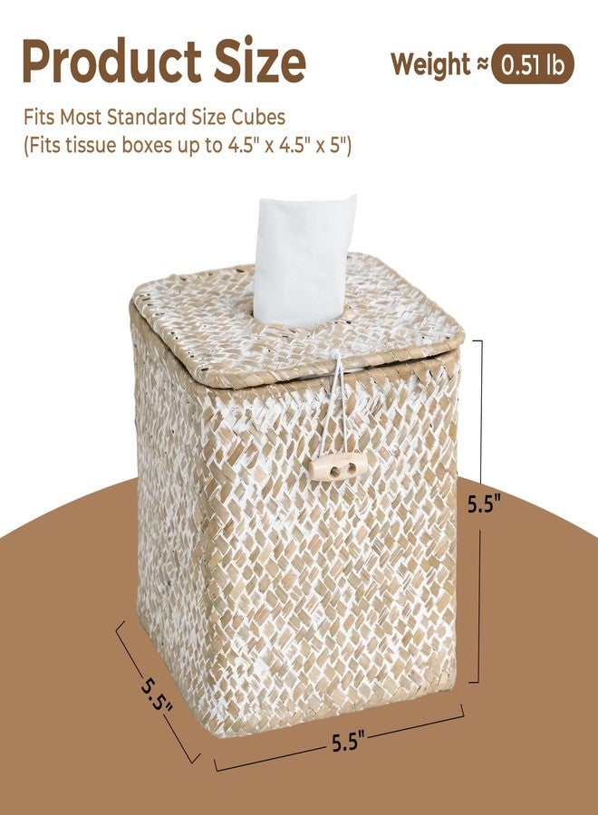 S310 Tissue Box Cover Square, Woven Seagrass Tissue Box Holder with Lid, Wicker Tissue Box Decorative Facial Cube Tissue Cover for Bathroom Office Table, Whitewash - Image 3