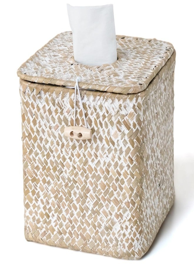 S310 Tissue Box Cover Square, Woven Seagrass Tissue Box Holder with Lid, Wicker Tissue Box Decorative Facial Cube Tissue Cover for Bathroom Office Table, Whitewash - Image 1