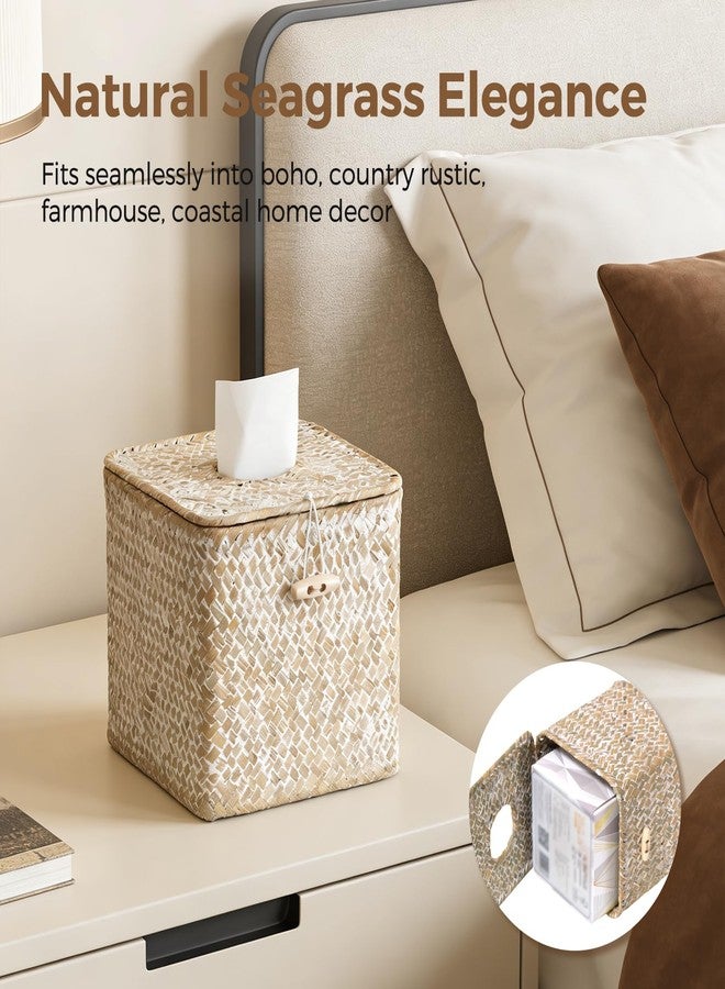 S310 Tissue Box Cover Square, Woven Seagrass Tissue Box Holder with Lid, Wicker Tissue Box Decorative Facial Cube Tissue Cover for Bathroom Office Table, Whitewash - Image 5