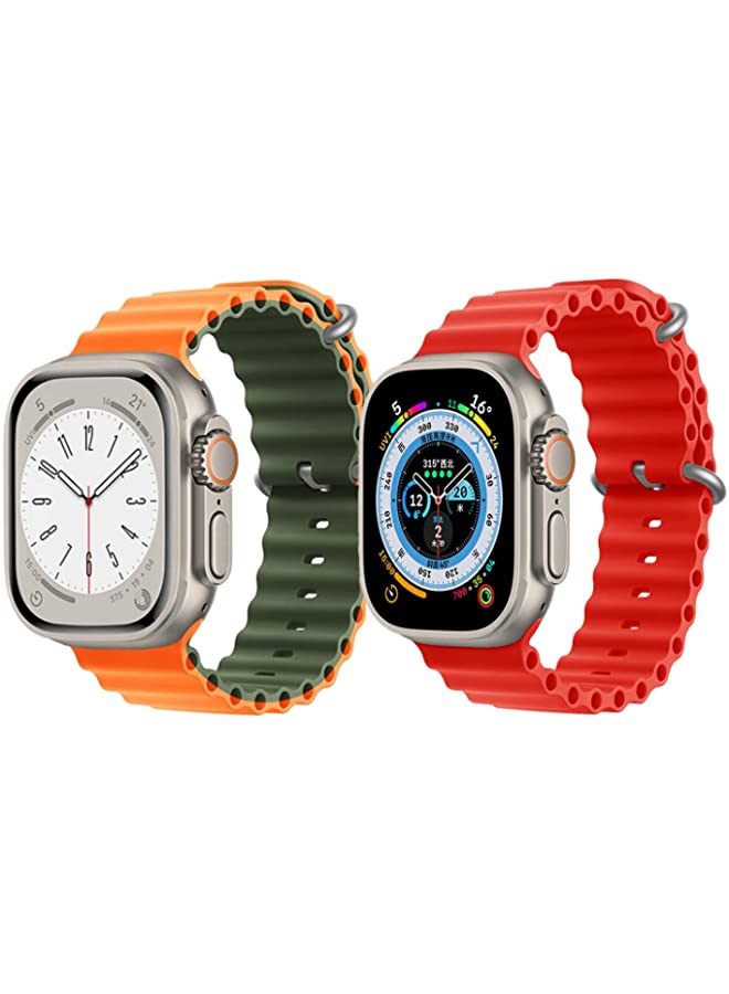 IAF Silicone Ocean Band Strap for Apple Watch Ultra 8 49mm Orange/Green Double Side Strap with Red Single Color Strap Set of 2