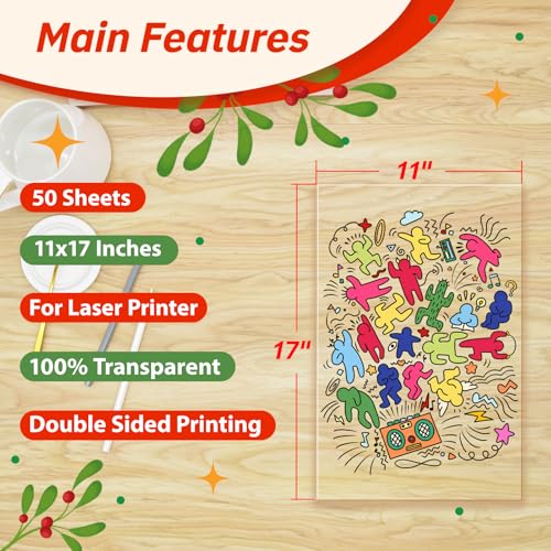 Uinkit 11x17 Laser Transparency Film OHP 50 Pack Acetate Sheets Clear Overhead Projector Laserjet Film for Color Laser Jet Printer and Copier A3 Menu Size 11 x 17 50 Pack Uinkit - Image 2