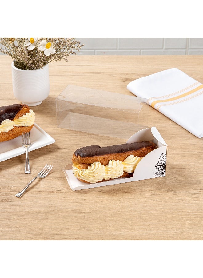 Restaurantware - 7 Inch x 2.5 Inch Clear Dessert Boxes, 100 White Paper Sleeve Transparent Candy Boxes - Lotus Accent, No Grease Lining, Clear Plastic Clear Favor Boxes, Crack Resistant, Disposable - Image 1