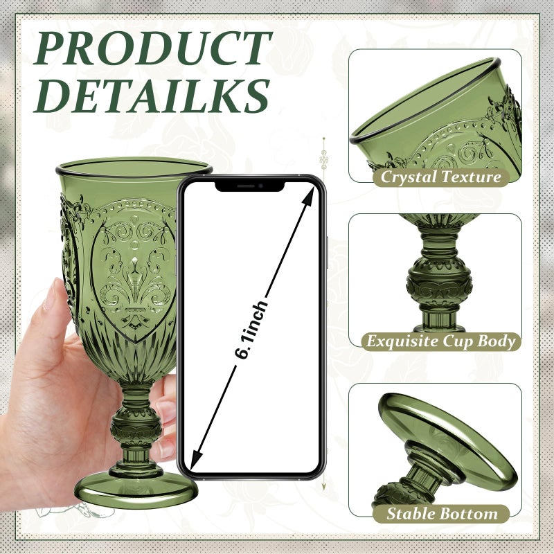 Wiwiqing 48 Pcs Plastic Goblets 7.5oz Vintage Goblet Plastic Wine Glasses Colored Retro Embossed Water Goblets for Wine Bar Juice Baby Shower Wedding Reception Grand Event Party (Olive Green) - Image 2