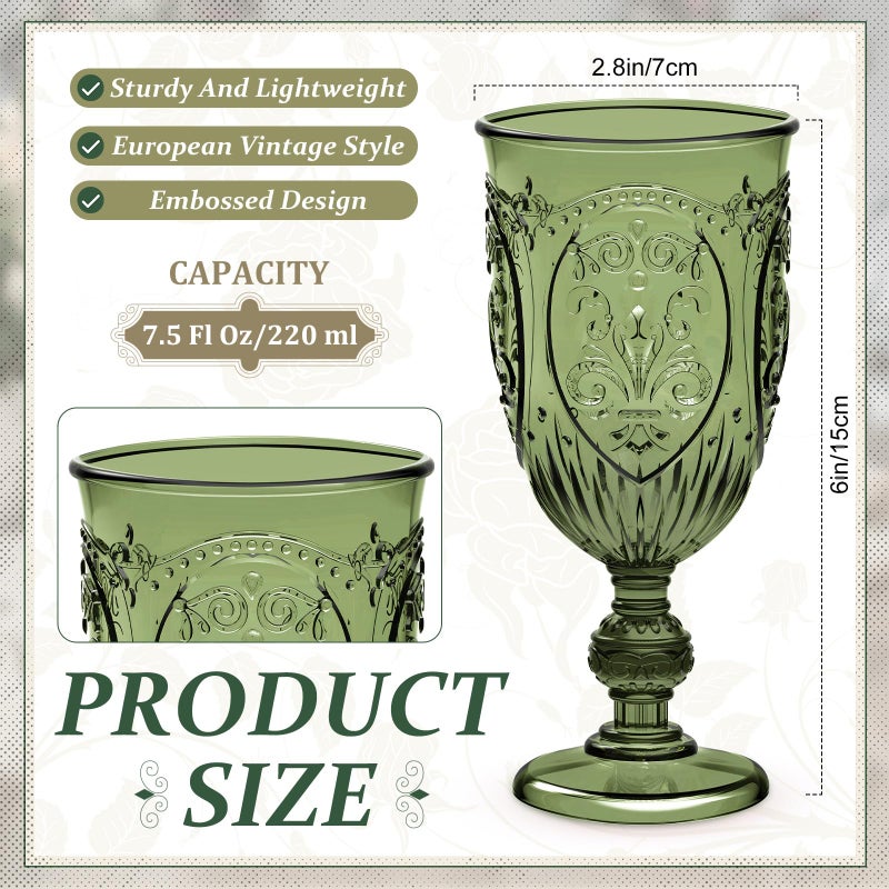 Wiwiqing 48 Pcs Plastic Goblets 7.5oz Vintage Goblet Plastic Wine Glasses Colored Retro Embossed Water Goblets for Wine Bar Juice Baby Shower Wedding Reception Grand Event Party (Olive Green) - Image 3