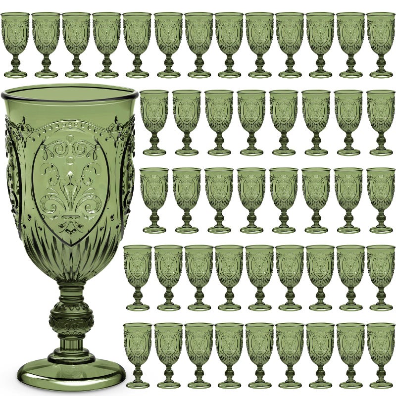 Wiwiqing 48 Pcs Plastic Goblets 7.5oz Vintage Goblet Plastic Wine Glasses Colored Retro Embossed Water Goblets for Wine Bar Juice Baby Shower Wedding Reception Grand Event Party (Olive Green) - Image 1