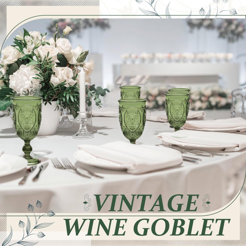 Wiwiqing 48 Pcs Plastic Goblets 7.5oz Vintage Goblet Plastic Wine Glasses Colored Retro Embossed Water Goblets for Wine Bar Juice Baby Shower Wedding Reception Grand Event Party (Olive Green) - Image 5